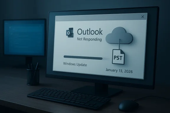 Monitor shows Outlook Not Responding with Windows Update progress and a PST cloud icon.
