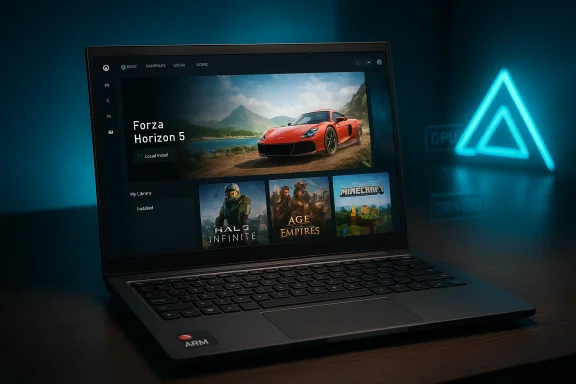 A laptop screen shows a game library, including Forza Horizon 5, under blue lighting.