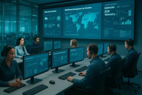 A team of operators monitors global dashboards in a modern control room.