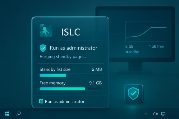 ISLC settings panel showing Run as administrator, purging standby pages, and memory stats.