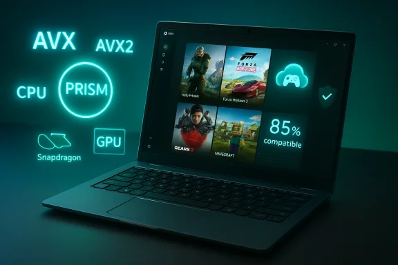 A neon-lit laptop shows game thumbnails with AVX, Prism, Snapdragon, GPU labels and 85% compatibility. A neon-lit laptop shows game thumbnails with AVX, Prism, Snapdragon, GPU labels and 85% compatibility.