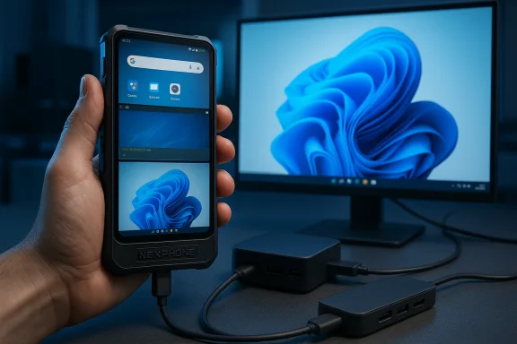 Rugged phone in a case connected to a USB-C hub, with a blue swirl wallpaper on a nearby monitor.