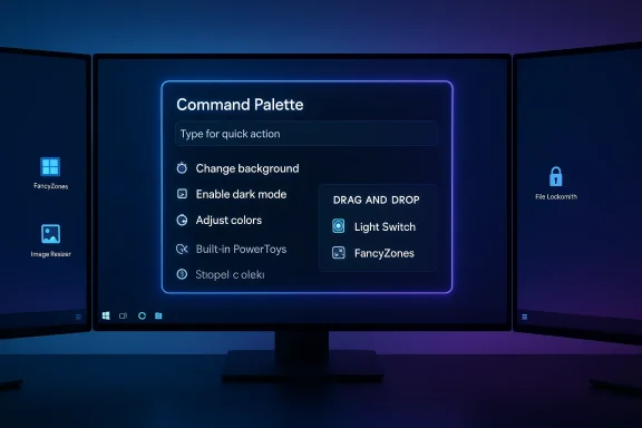 Triple-monitor setup with a neon-edged Command Palette for quick actions.
