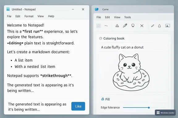 Two windows: a Notepad draft on the left and a coloring-book page with a cat on a donut on the right.