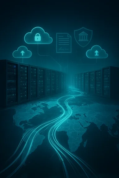 Futuristic data center with neon cloud icons and secure global networking.