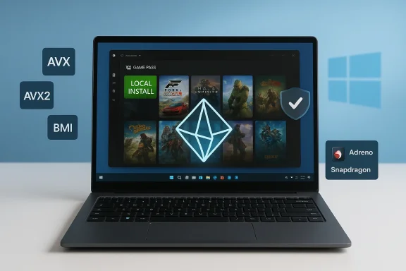 Windows laptop showing a Game Pass game library with a glowing diamond logo.
