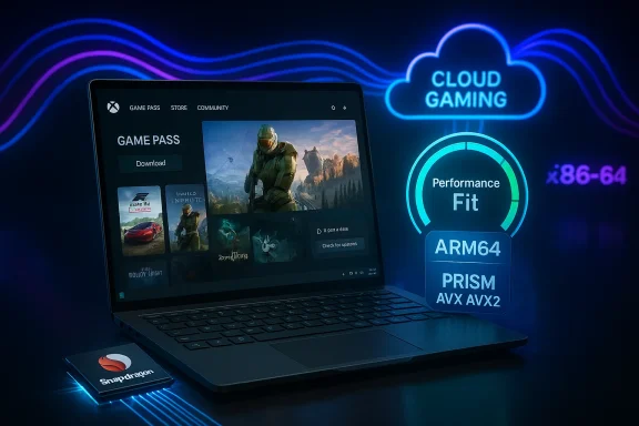 Laptop runs Xbox Game Pass with cloud gaming visuals and a Snapdragon chip.