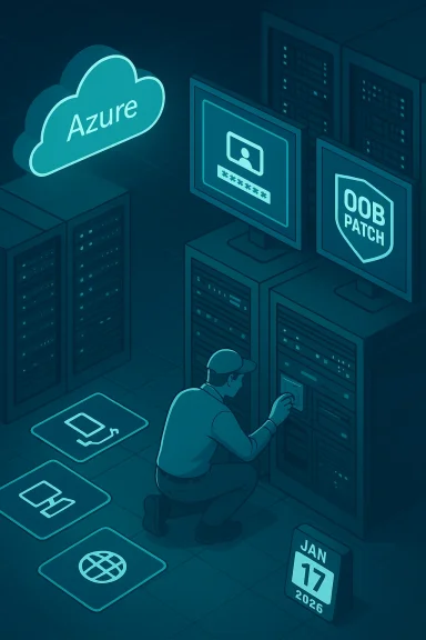 A technician patches servers in a data center, beside Azure cloud and an OOB Patch emblem. A technician patches servers in a data center, beside Azure cloud and an OOB Patch emblem.