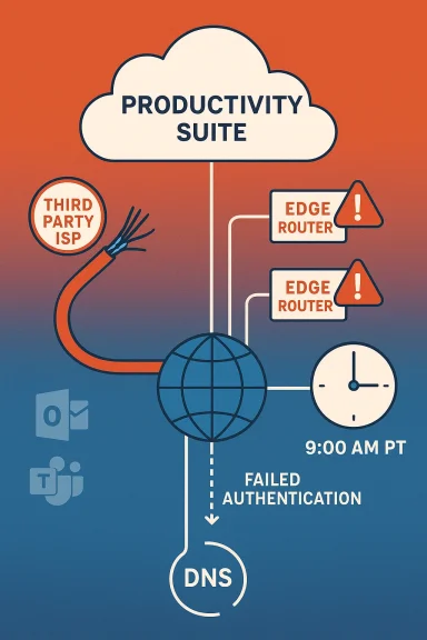 Inforgraphic of a Productivity Suite cloud with DNS failure, edge routers, and ISP links.