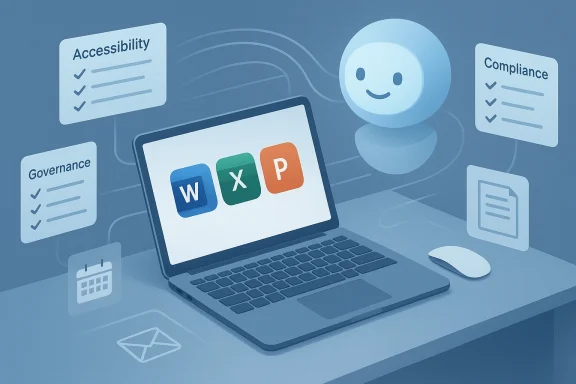 Laptop screen displays Word, Excel, PowerPoint icons (WXP) amid accessibility and compliance prompts.