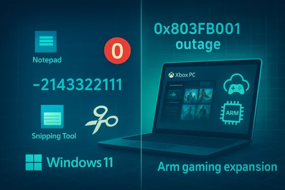 Split-screen tech infographic: Windows 11 apps on the left, outage and ARM gaming expansion on the right.