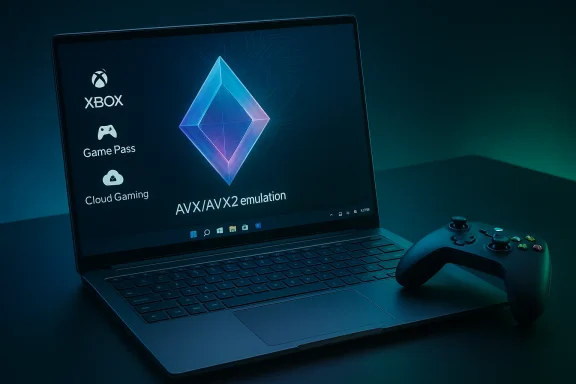 Laptop screen shows Xbox Game Pass and AVX/AVX2 emulation with a gamepad nearby.