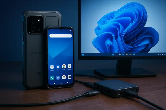A rugged Android phone sits beside a USB-C hub and a Windows monitor on a wooden desk.