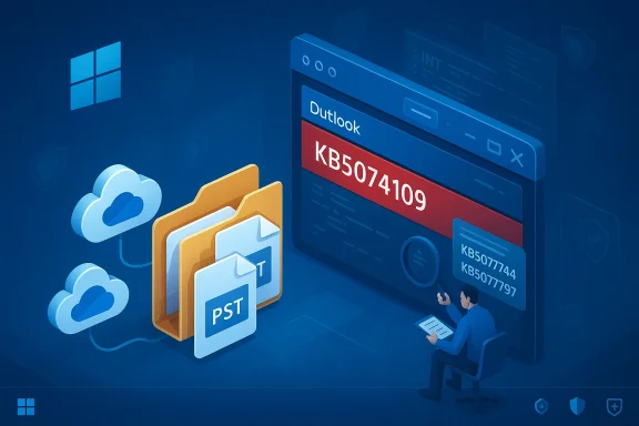 Blue tech illustration showing Outlook with a red KB5074109 banner, PST folders, and cloud storage.