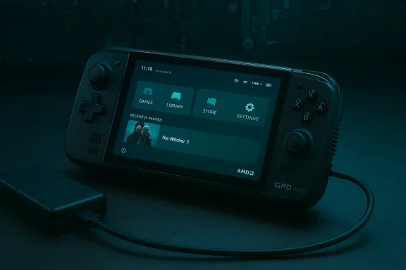 A handheld gaming console displays a game library UI and is plugged into a charger.