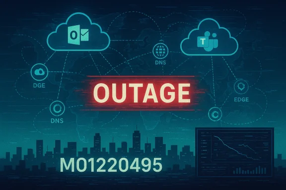 Global IT outage shown with cloud icons and a bold red OUTAGE banner.