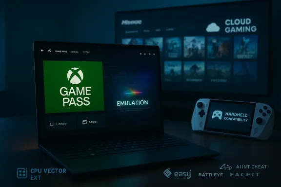 Laptop shows Xbox Game Pass and Emulation tiles, with a cloud gaming screen and handheld console nearby.