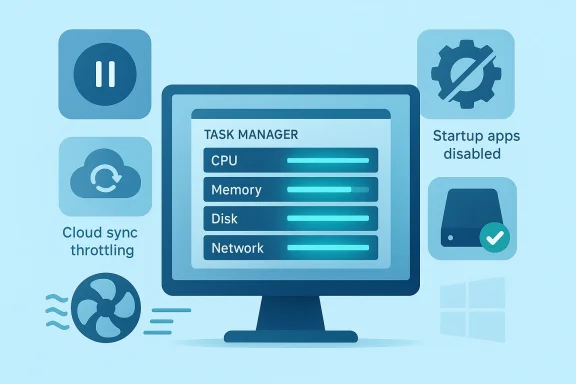 Blue illustration of a computer monitor showing a task manager (CPU, Memory, Disk, Network) and related icons.