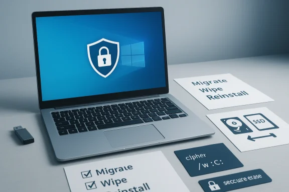 Laptop screen shows a shielded security icon, with papers labeled migrate, wipe, install, and secure erase.