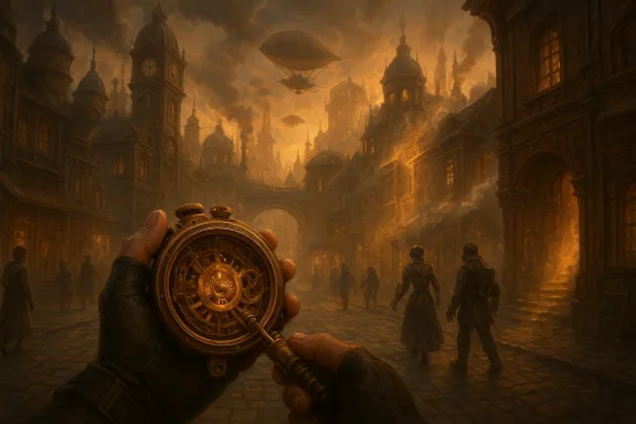 Gloved hands grip a brass steampunk chronometer in a smoky amber city of clockwork towers and airships. Gloved hands grip a brass steampunk chronometer in a smoky amber city of clockwork towers and airships.