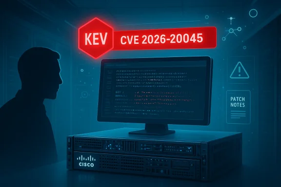 Cybersecurity scene with a red CVE-2026-20045 alert over a Cisco server.