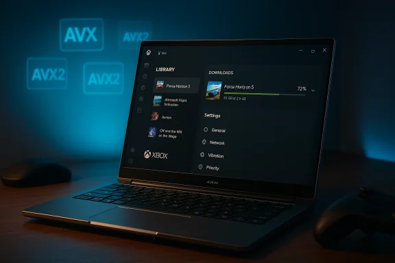 Gaming laptop displaying Forza Horizon 5 download progress in the library, with a blue AVX glow.