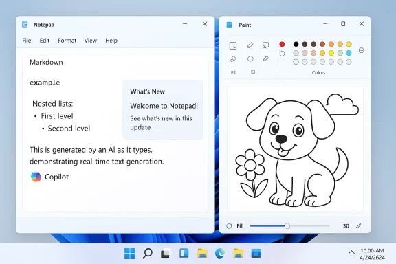 Windows desktop with Notepad and Paint open, showing Markdown text and a dog drawing.