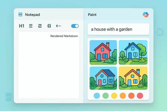 A split-screen UI: Notepad on the left for Markdown, Paint on the right with a “house with a garden” image set.