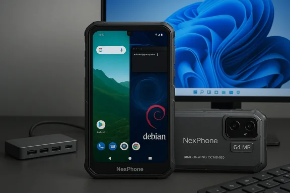 Rugged NexPhone smartphone and a 64 MP camera sit on a desk, with a monitoror in the background.