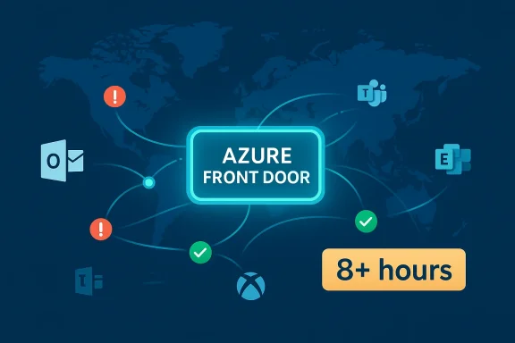 Azure Front Door routes global traffic to Microsoft 365 apps (Outlook, Teams, Exchange).