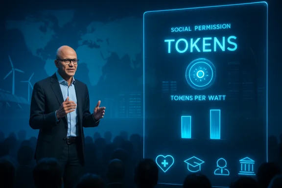 A suited presenter explains a blue neon holographic panel labeled TOKENS PER WATT.