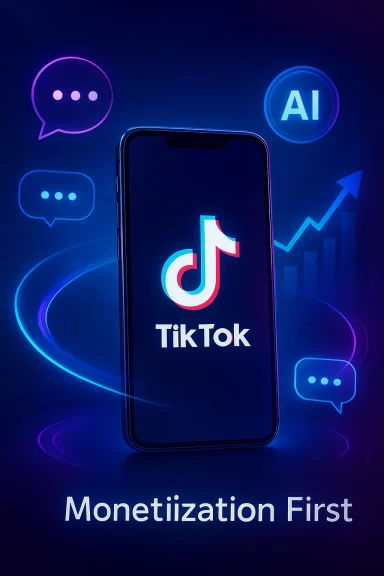 Phone displays the TikTok logo amid neon AI and monetization graphics.