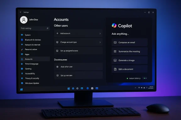 Dark-mode Windows 11 Settings screen on a large monitor, showing Accounts and Copilot panels. Dark-mode Windows 11 Settings screen on a large monitor, showing Accounts and Copilot panels.