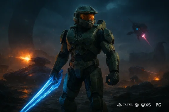 Armored super-soldier with a glowing blue energy sword stands on a fiery, ruined battlefield.