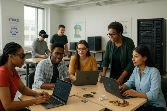 An instructor guides a diverse group of students collaborating at laptops in a modern classroom.