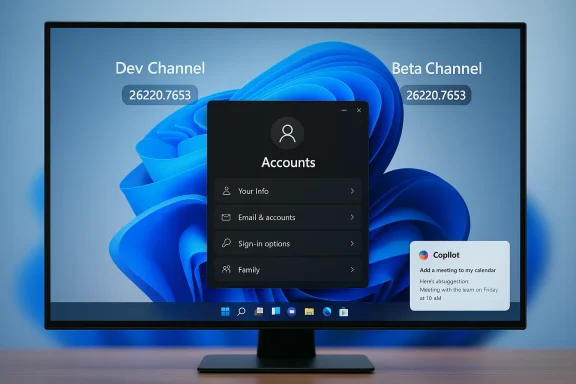 Windows 11 desktop shows a floating Accounts menu over a blue, layered wallpaper. Windows 11 desktop shows a floating Accounts menu over a blue, layered wallpaper.
