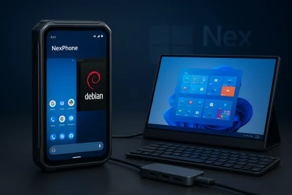 Rugged NexPhone beside a Windows tablet with keyboard, dock, and USB hub.