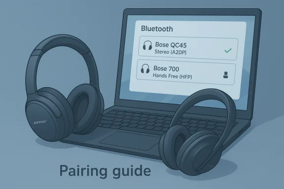 Two Bose headphones beside a laptop showing Bluetooth pairing for Bose QC45 and Bose 700.