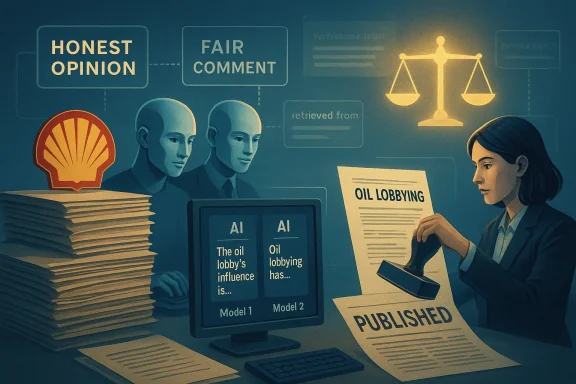 A journalist publishes a report on oil lobbying as AI analyzes influence beside the Shell logo.