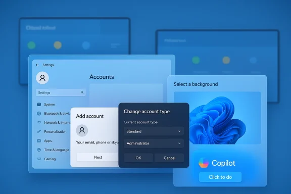 Blue floating UI panels showing account settings and background/theme options.