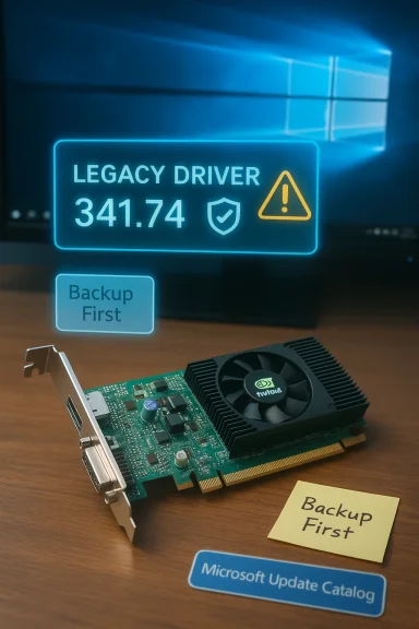 A GPU on a desk shows a holographic “Legacy Driver 341.74” warning with “Backup First” notes.
