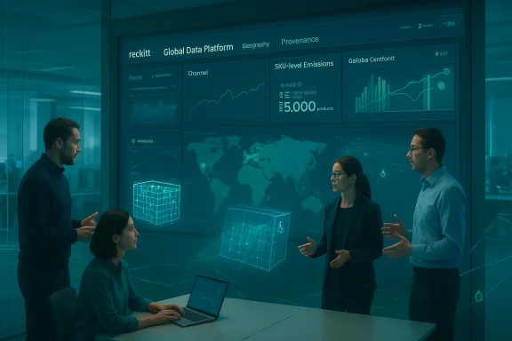 A team collaborates around a large interactive data dashboard showing charts and a world map.