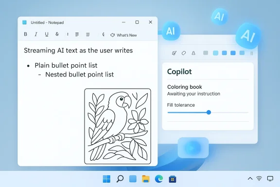 AI-assisted writing in Notepad on a Windows desktop, with a parrot coloring image and Copilot panel.