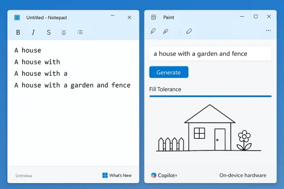 Two side-by-side windows: Notepad with a house prompt on the left, and Paint with a garden-house sketch on the right.