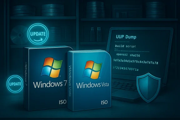 Windows 7 and Windows Vista ISO boxes glow in a high-tech UUP Dump setup.