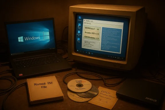 Retro computer setup: Windows laptop beside a CRT monitor, AMD box, discs, and an INF manual.