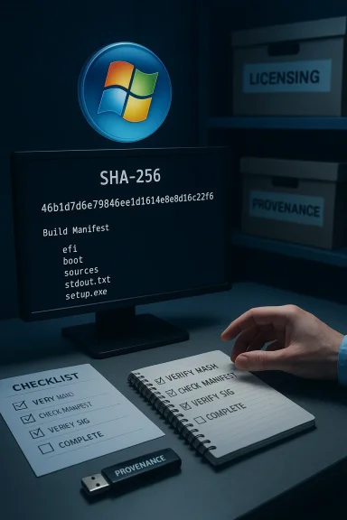 Windows screen displays a SHA-256 build manifest with licensing and provenance boxes and checklists. Windows screen displays a SHA-256 build manifest with licensing and provenance boxes and checklists.