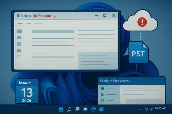 Windows desktop shows Outlook Not Responding with a PST file icon and calendar tile.