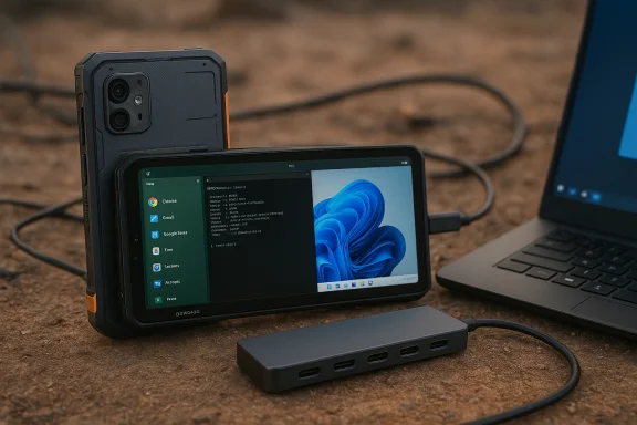 Rugged handheld device with a multiport USB hub connected to a laptop outdoors.