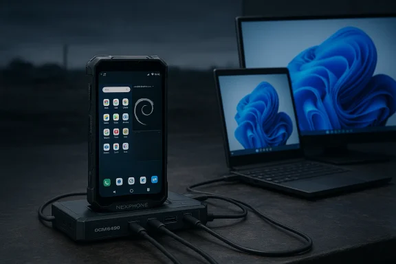 Rugged smartphone on a multi-port charging dock beside two laptops in low light.